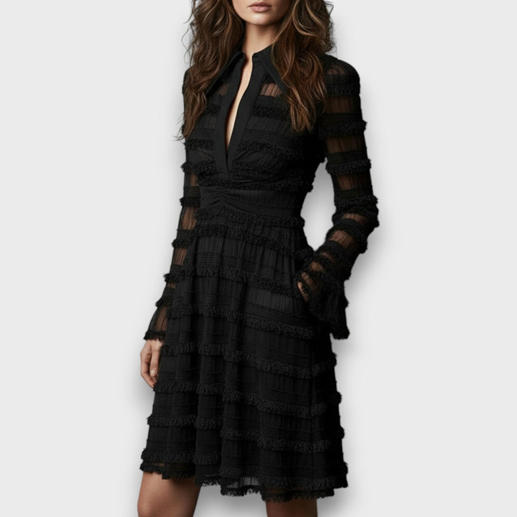 Parisa | Black Midi Dress with Sheer Fringe
